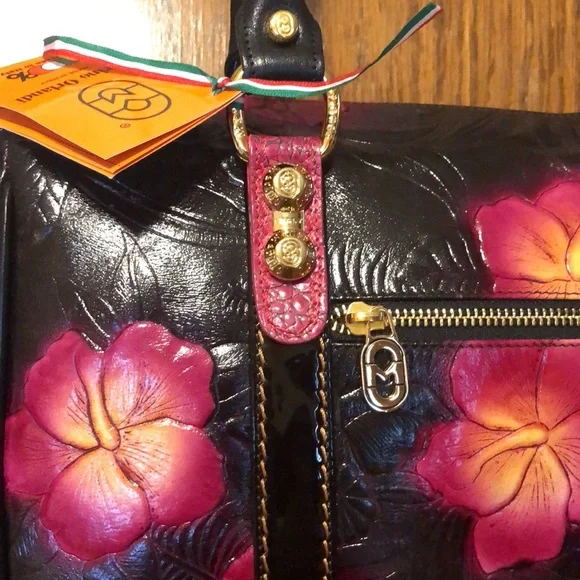 NWT-Marino Orlandi-Embossed Leather Satchel-Black-Tropical 🌺 Flowers-Italian 🇮🇹 - Picture 6 of 16